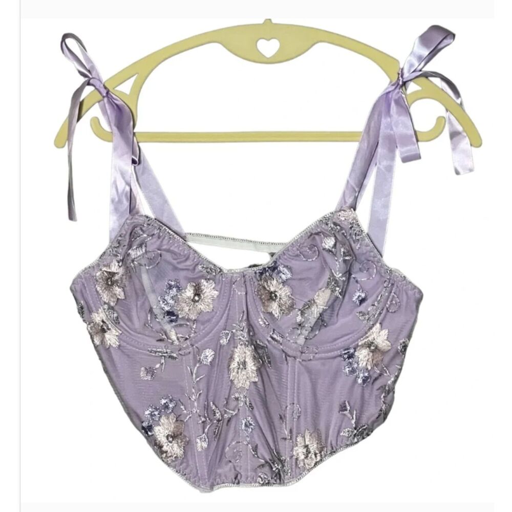 Purple Floral Embroidered Mesh Bustier Corset Top with Satin Straps and Boning